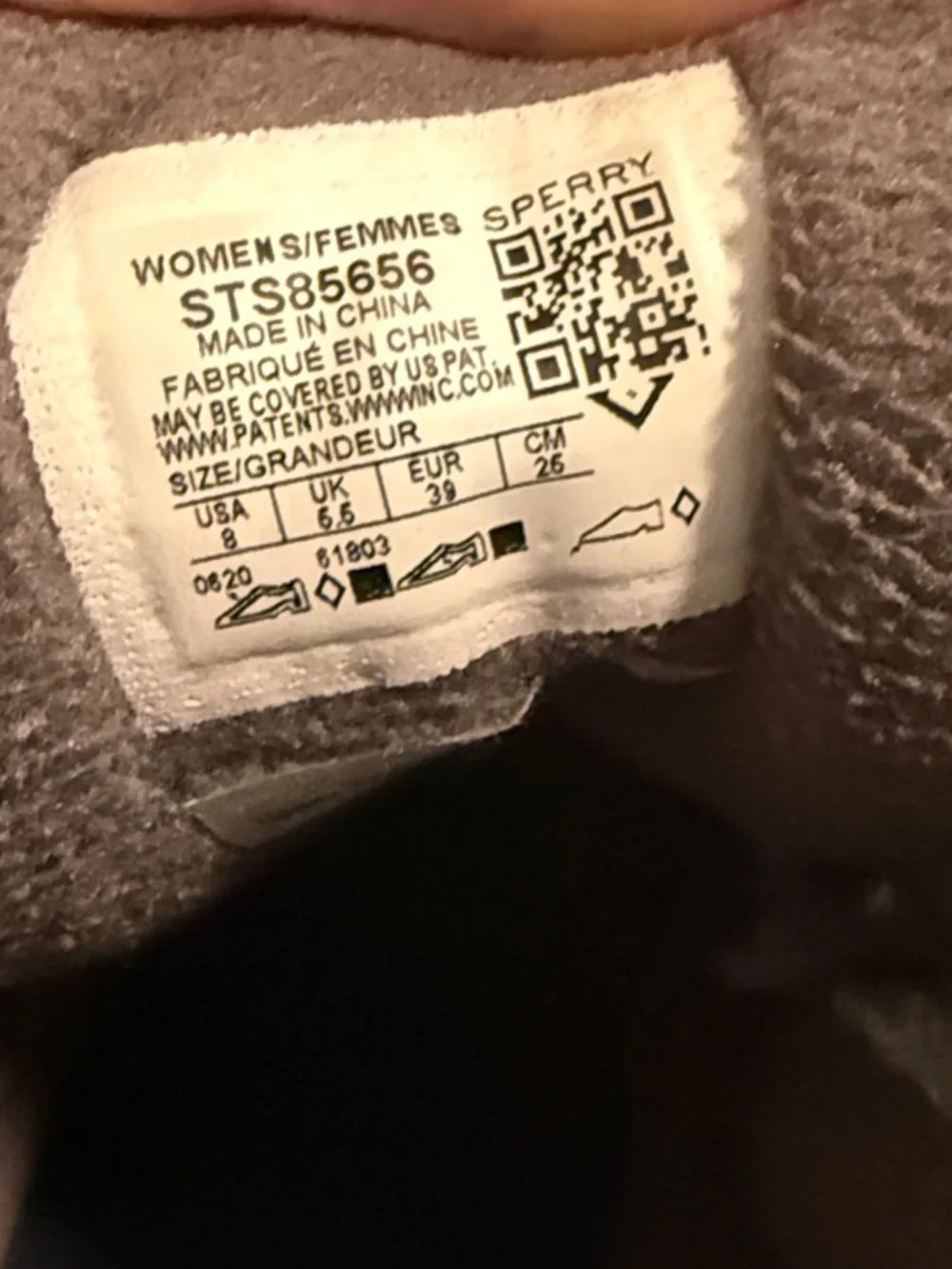 Sperry Gray Fleece-Lined Women's Boot Interior Label